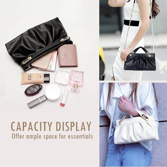 White Vegan Leather Clutch Purse with Telescoping Handle, Elegant Pleats, Detach - Picture 5 of 6